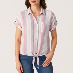ELLEN TRACY Linen Striped Tie Hem Shirt Medium